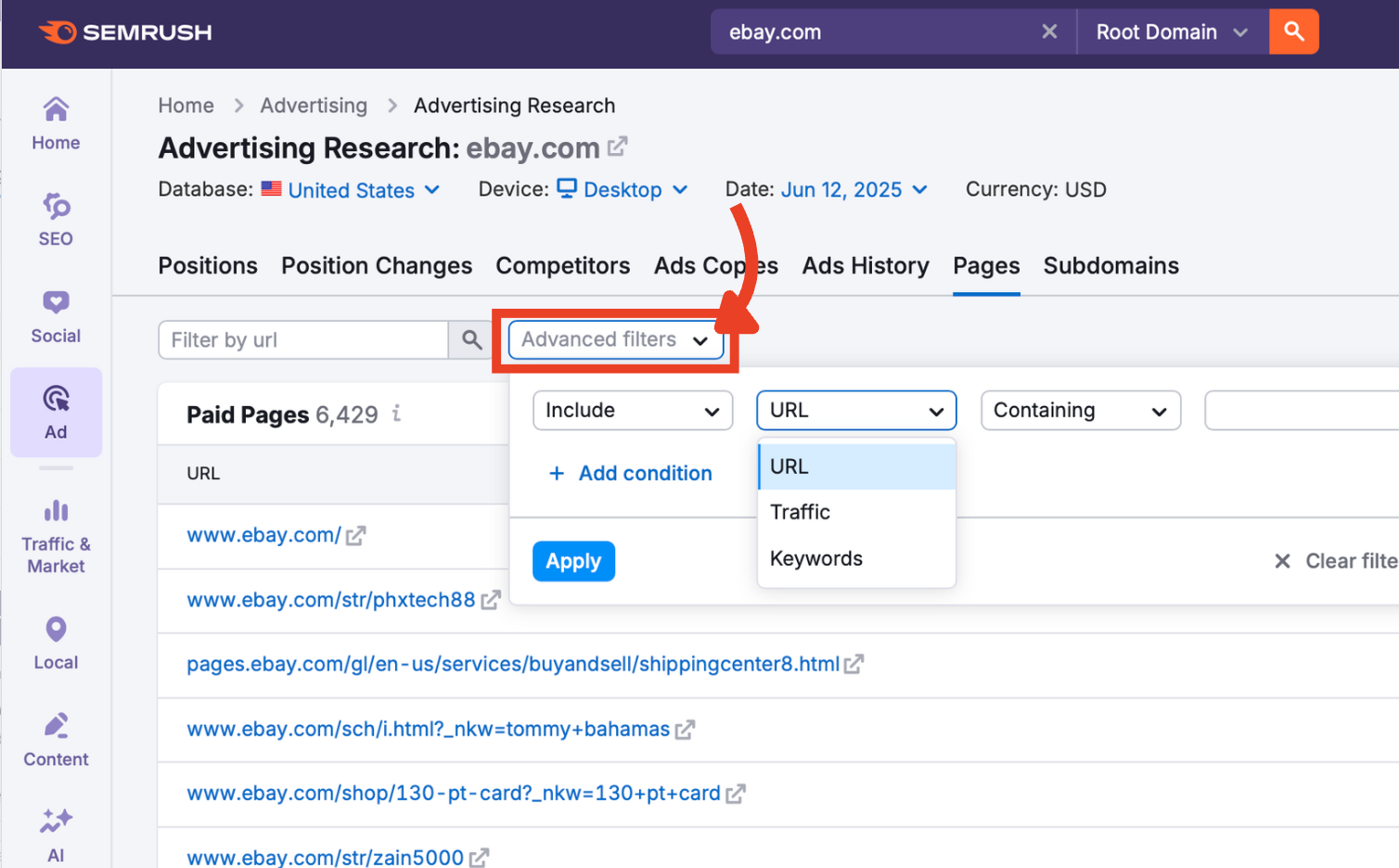 Advanced filters in the Pages tab.
