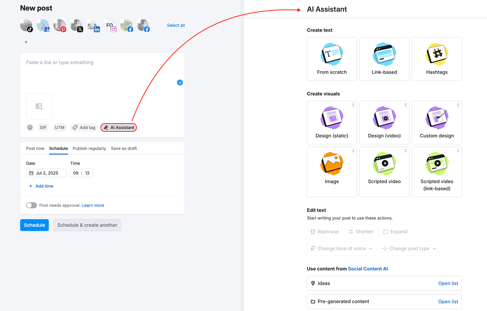 Post editor with a red arrow pointing to the AI Assistant button.