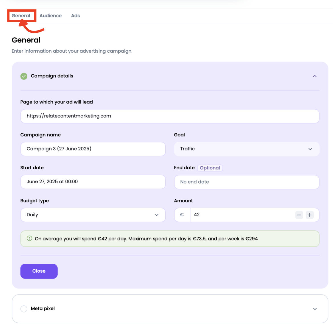 General tab settings with campaign details, budget fields, and Meta Pixel option visible.
