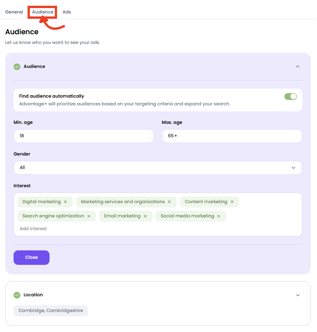 Audience tab settings with age ranges, interests, and Advantage+ toggle displayed.