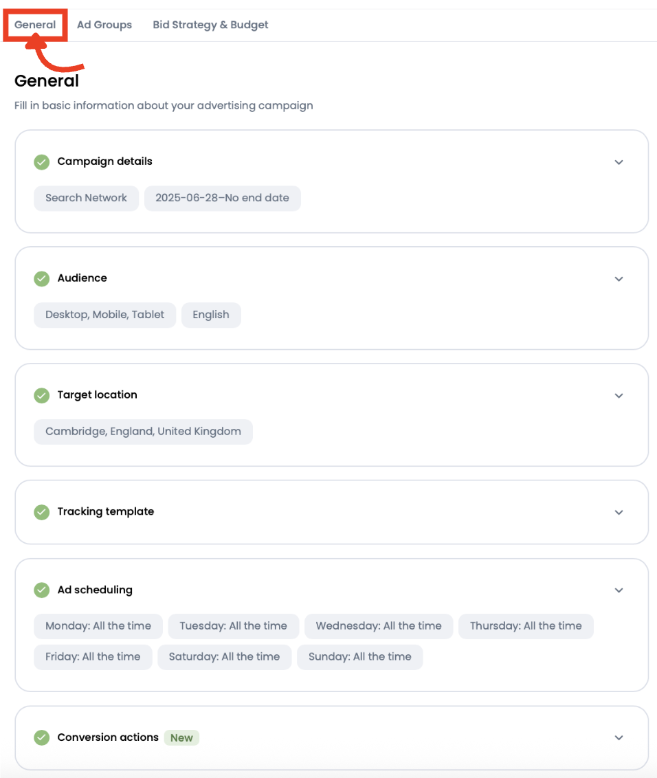 General tab selected in advanced Google Ads campaign settings in Ads Launch Assistant.