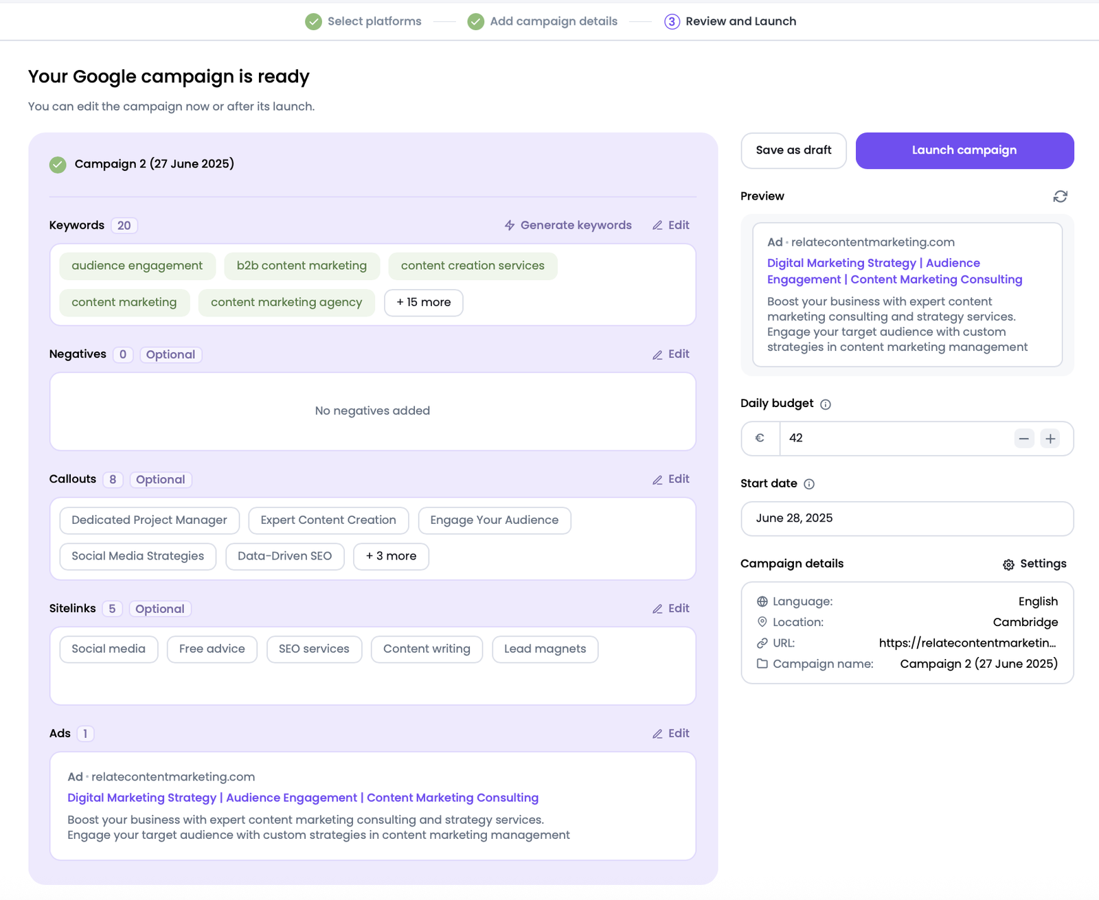 Google campaign preview with suggested keywords, ads, sitelinks, and budget settings.