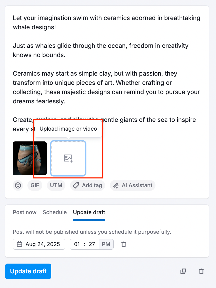An image box Upload image or video at the bottom of the Post editor.
