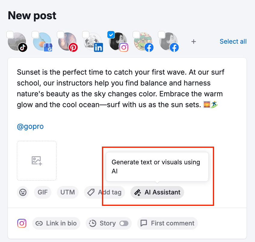 Post editor with the AI Assistant button highlighted, which opens a right-hand menu offering options to create text or visuals.