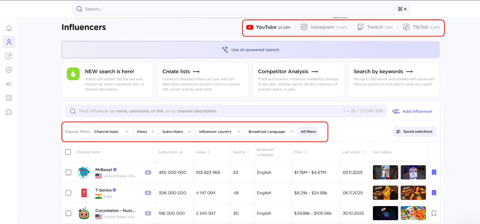 An example of the Influencer Discovery page with all of the influencer platforms highlighted. The Filters button is also highlighted.