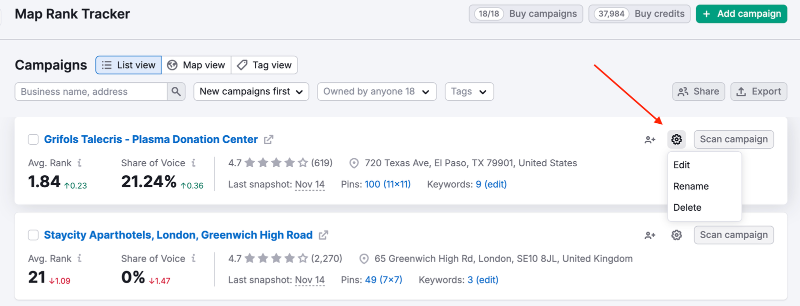 Map Rank Tracker campaign list view. An arrow points to a gear icon on the right side of the campaign row, which, when clicked, reveals a dropdown menu with options: Edit, Rename, and Delete.