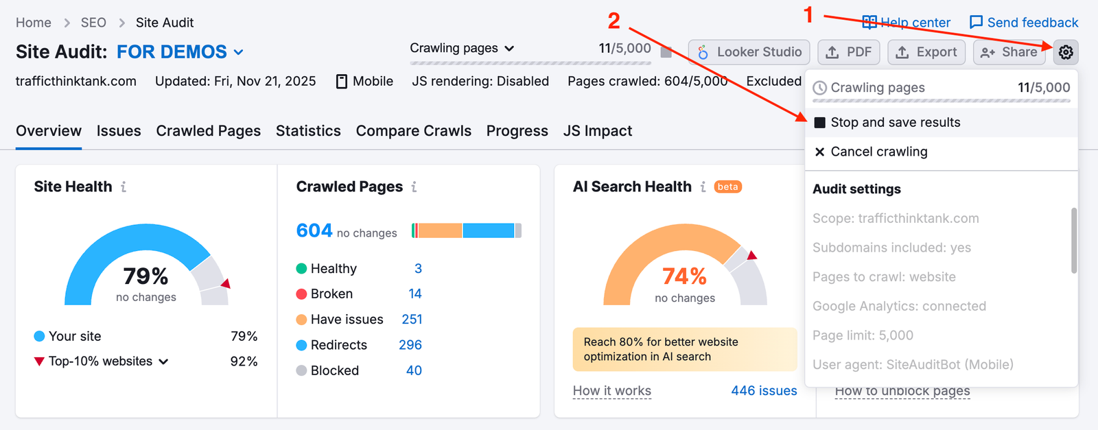 Second option to stop the Site Audit before it is complete.