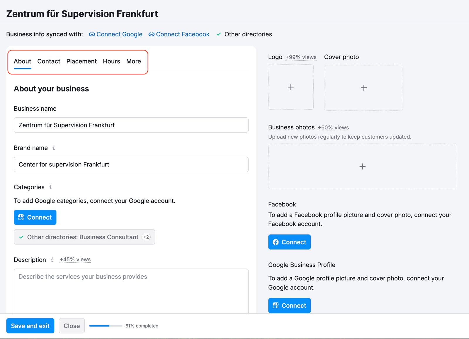 Editing business information. 